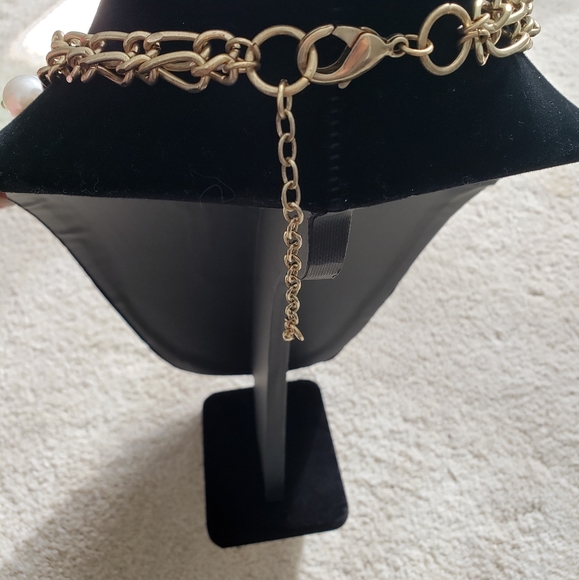 SOLD Talbots Double Layer Gold Shell, Rhinestone and Pearl Necklace - Picture 6 of 8